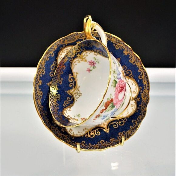 Crown Staffordshire A15841 Cobalt Blue And Gold Floral Tea Cup & Saucer Set - Picture 1 of 9